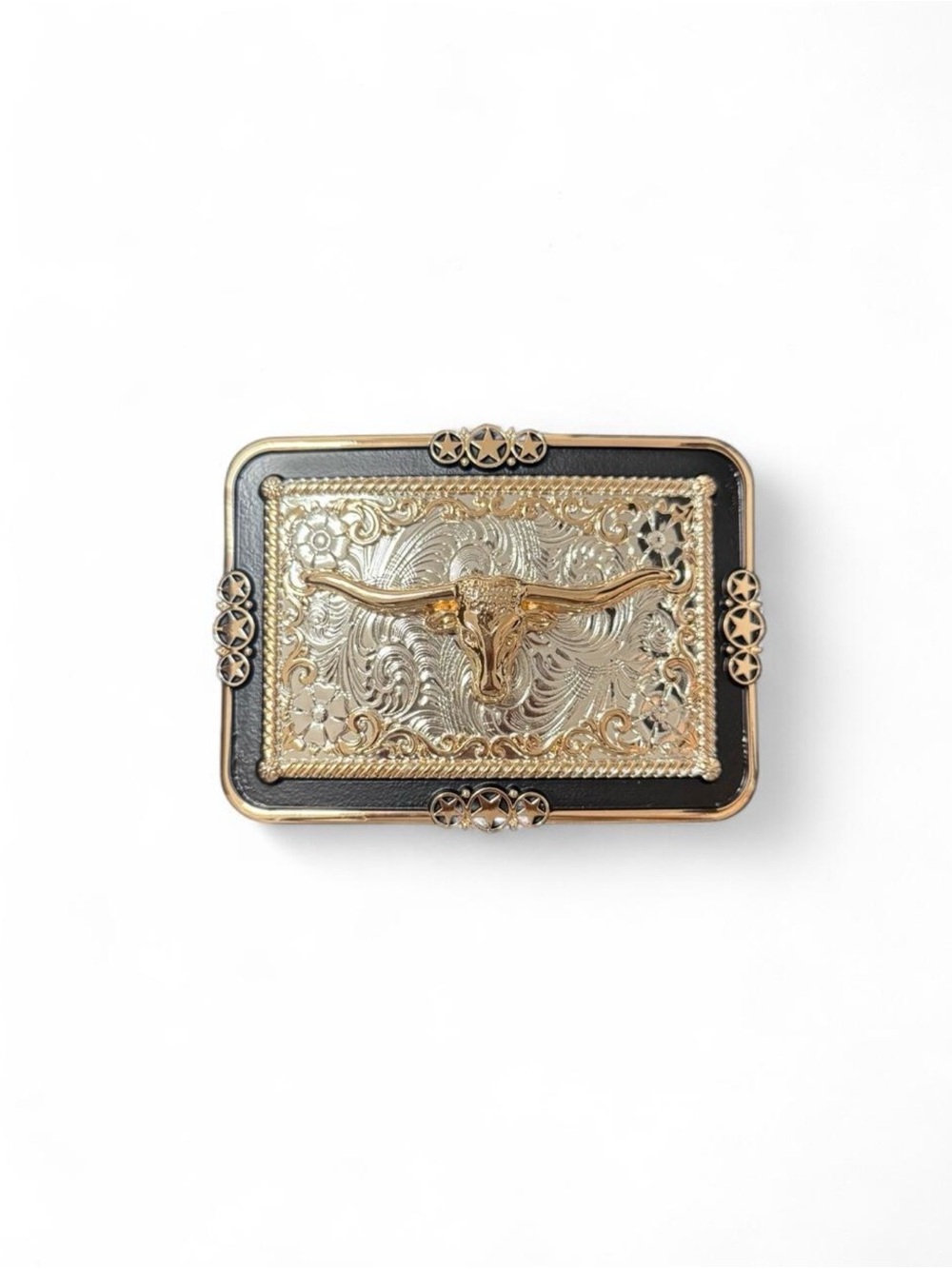 Western Longhorn Belt Buckle - Black and Gold